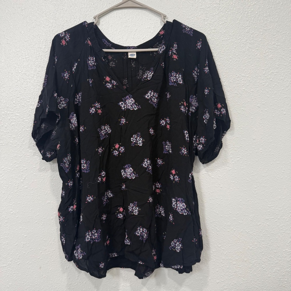 Old Navy Womens XXL Black Floral V-Neck Short Sleeve Rayon Blouse Top